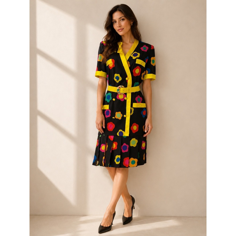 VTG Escada Margaretha Ley Silk Novelty Print‎ Dress Jewel Belt Sz 40 Pop Art Mod